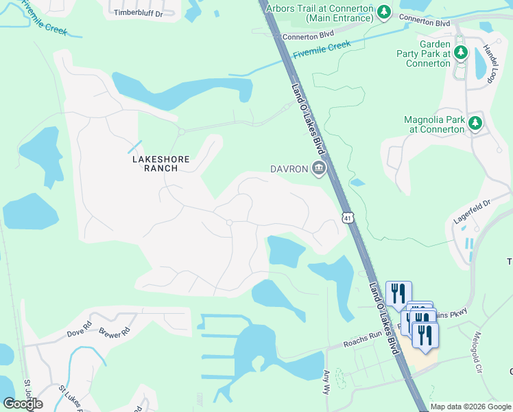 map of restaurants, bars, coffee shops, grocery stores, and more near 19721 Post Island Loop in Land O' Lakes