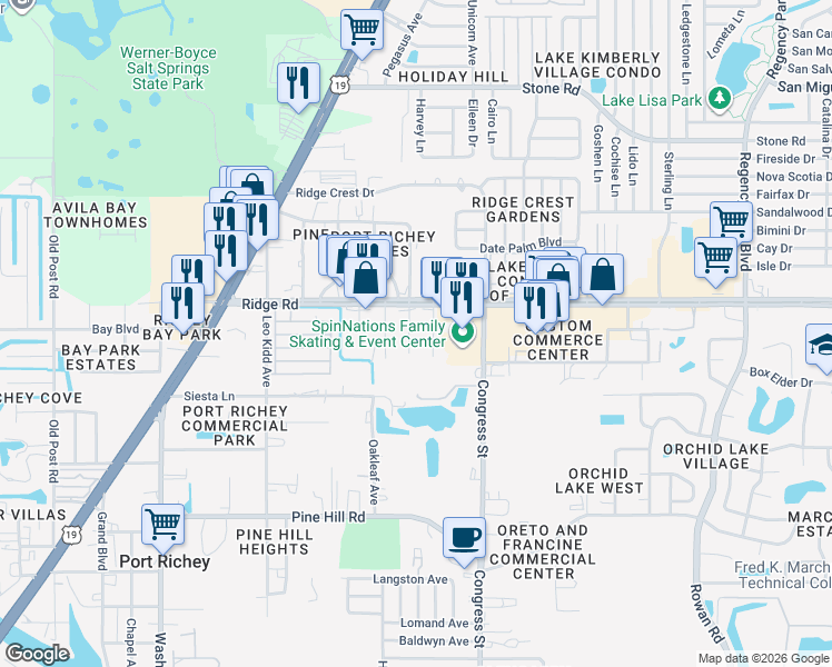 map of restaurants, bars, coffee shops, grocery stores, and more near 8414 Formel Avenue in Port Richey