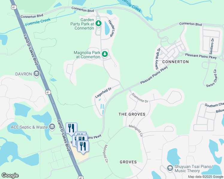 map of restaurants, bars, coffee shops, grocery stores, and more near 8436 Lagerfeld Drive in Land O' Lakes