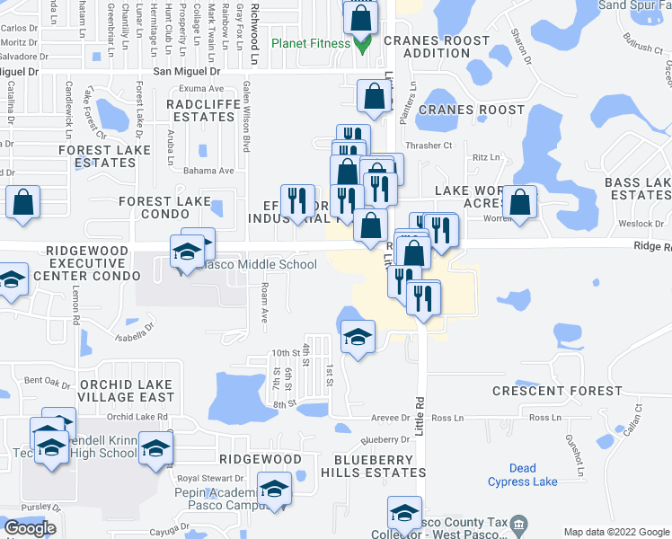 map of restaurants, bars, coffee shops, grocery stores, and more near 8445 Little Road in New Port Richey