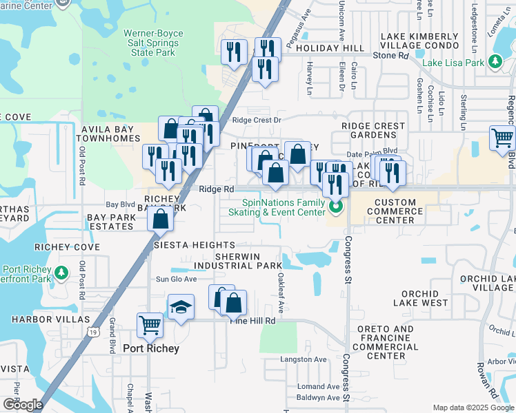 map of restaurants, bars, coffee shops, grocery stores, and more near 8420 Hiram Drive in Port Richey