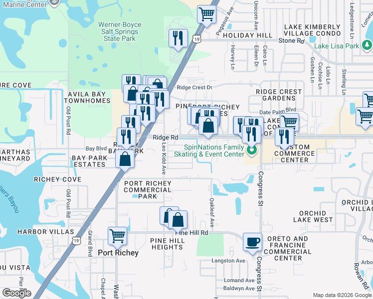 map of restaurants, bars, coffee shops, grocery stores, and more near 8420 Hiram Drive in Port Richey
