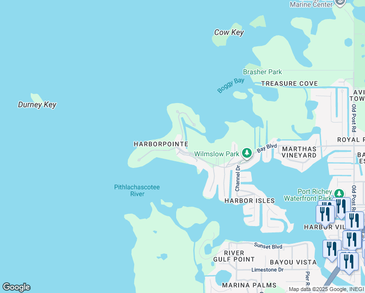 map of restaurants, bars, coffee shops, grocery stores, and more near 4512 Harborpointe Drive in Port Richey