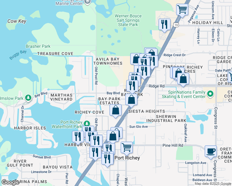 map of restaurants, bars, coffee shops, grocery stores, and more near 5700 Bay Boulevard in Port Richey