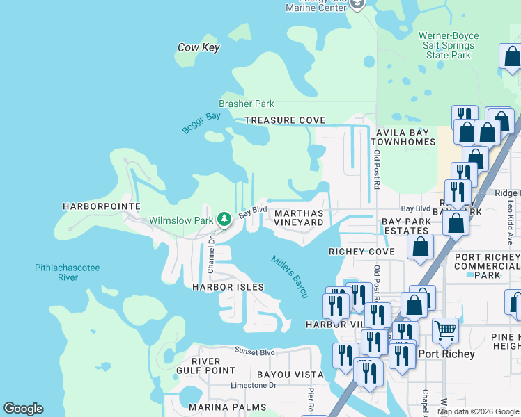 map of restaurants, bars, coffee shops, grocery stores, and more near 5035 West Court in Port Richey