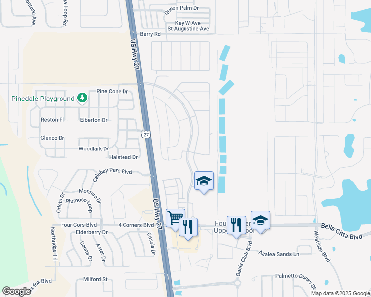 map of restaurants, bars, coffee shops, grocery stores, and more near 2676 Bella Vista Drive in Davenport