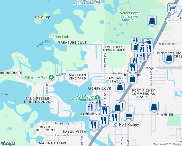 map of restaurants, bars, coffee shops, grocery stores, and more near 8429 Damen Lane in Port Richey