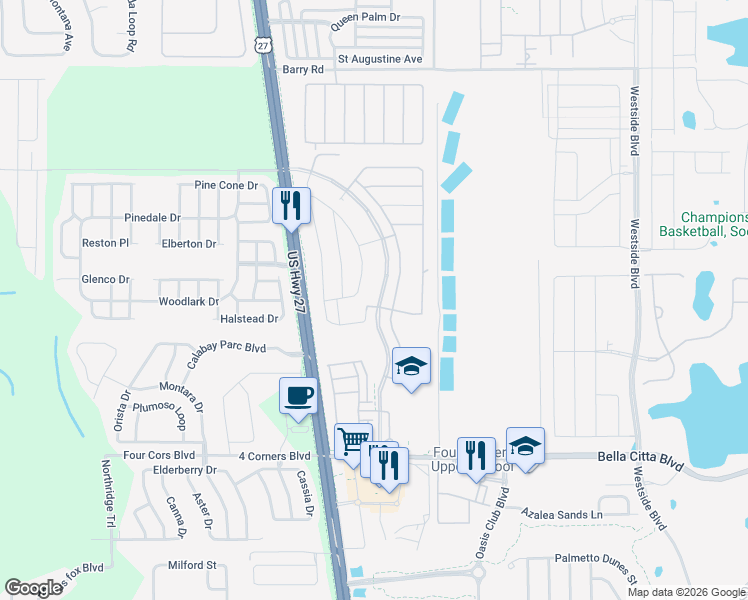 map of restaurants, bars, coffee shops, grocery stores, and more near 2676 Bella Vista Drive in Davenport