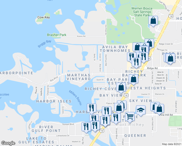 map of restaurants, bars, coffee shops, grocery stores, and more near 8429 Damen Lane in Port Richey