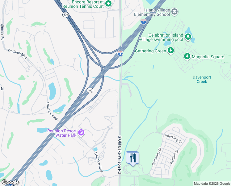 map of restaurants, bars, coffee shops, grocery stores, and more near 7600 Sandy Ridge Drive in Four Corners