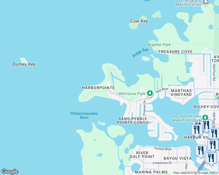 map of restaurants, bars, coffee shops, grocery stores, and more near Harborpointe Drive in Port Richey