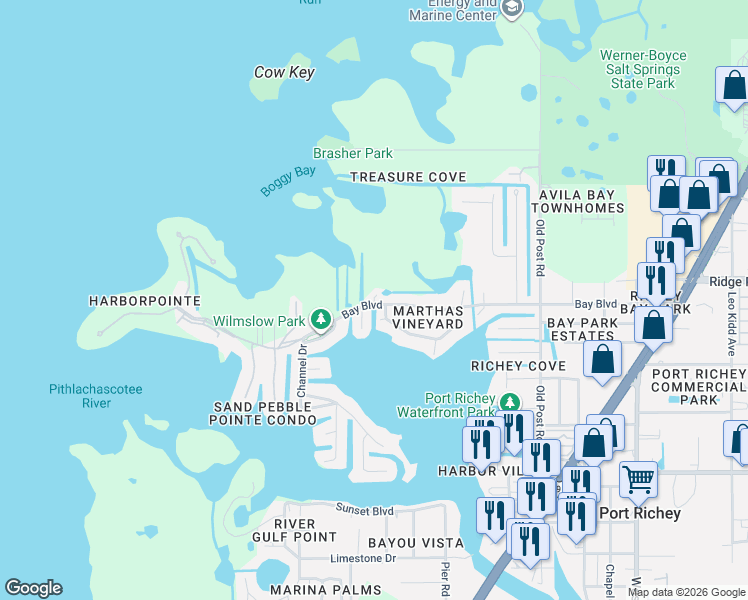 map of restaurants, bars, coffee shops, grocery stores, and more near West Court in Port Richey