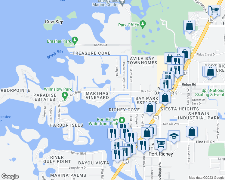 map of restaurants, bars, coffee shops, grocery stores, and more near 8429 Damen Lane in Port Richey