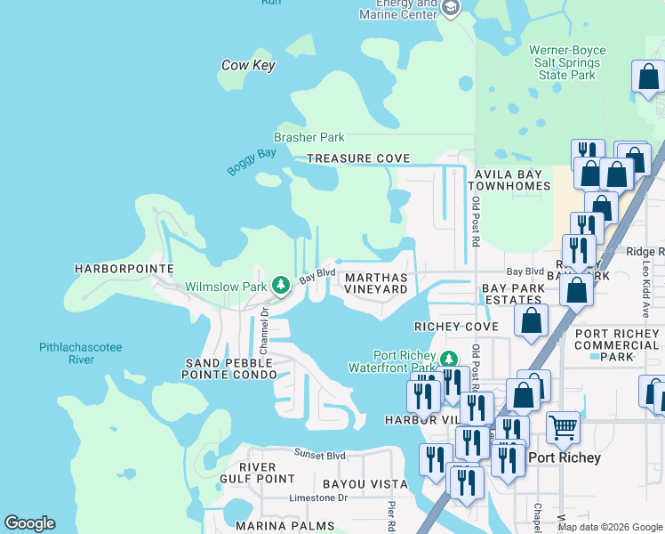 map of restaurants, bars, coffee shops, grocery stores, and more near 5041 Bay Boulevard in Port Richey