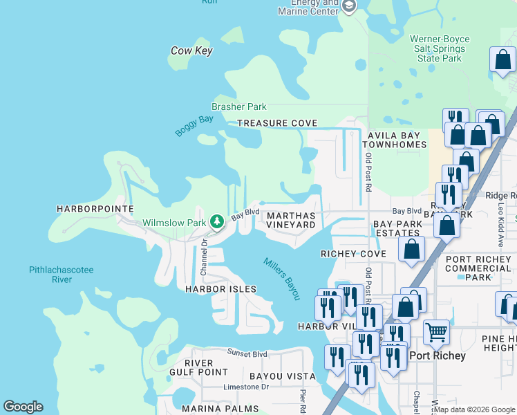 map of restaurants, bars, coffee shops, grocery stores, and more near 5035 West Court in Port Richey