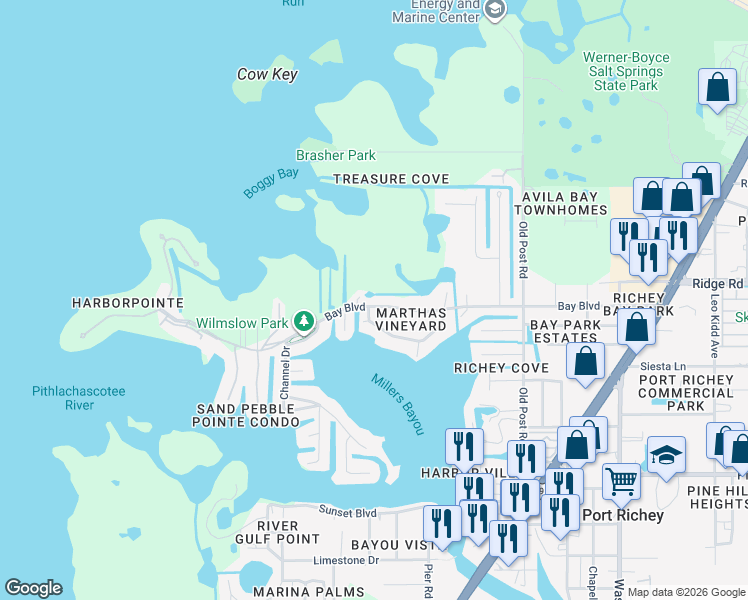 map of restaurants, bars, coffee shops, grocery stores, and more near 5122 Bay Boulevard in Port Richey