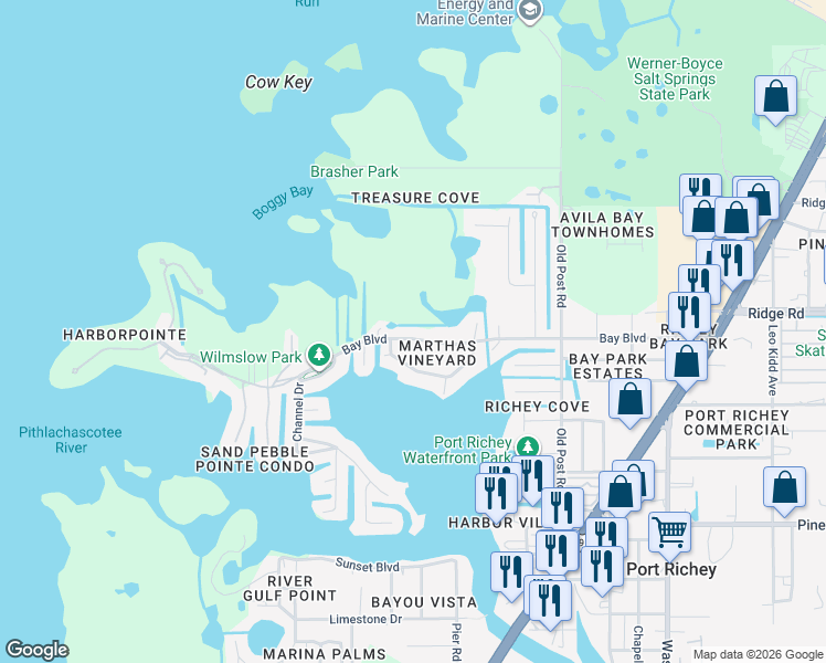 map of restaurants, bars, coffee shops, grocery stores, and more near 5122 Bay Boulevard in Port Richey