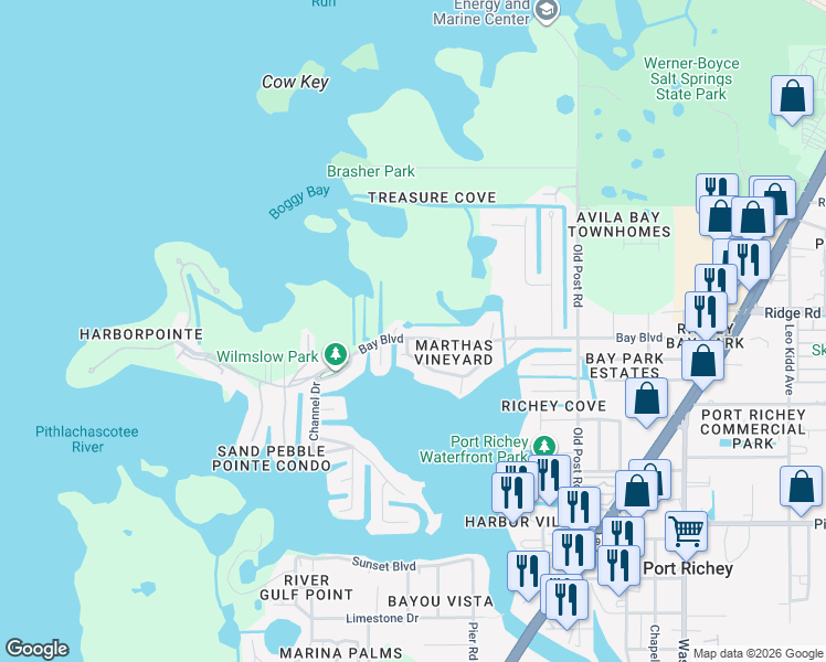 map of restaurants, bars, coffee shops, grocery stores, and more near 5122 Bay Boulevard in Port Richey