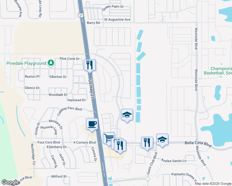 map of restaurants, bars, coffee shops, grocery stores, and more near 2658 Bella Vista Drive in Davenport