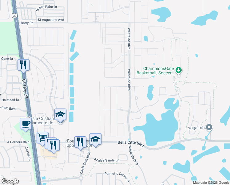 map of restaurants, bars, coffee shops, grocery stores, and more near Bella Citta in Kissimmee