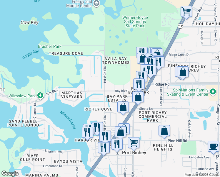 map of restaurants, bars, coffee shops, grocery stores, and more near 5506 Bay Boulevard in Port Richey