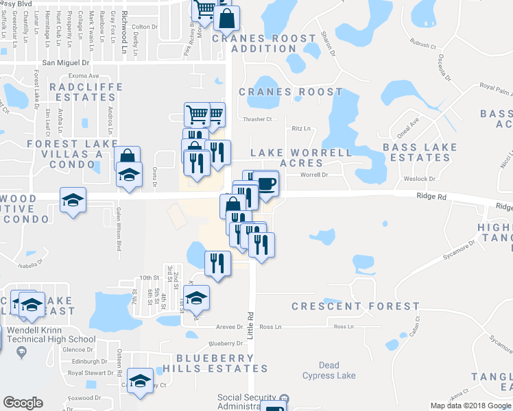 map of restaurants, bars, coffee shops, grocery stores, and more near 8512 Ridge Road in New Port Richey