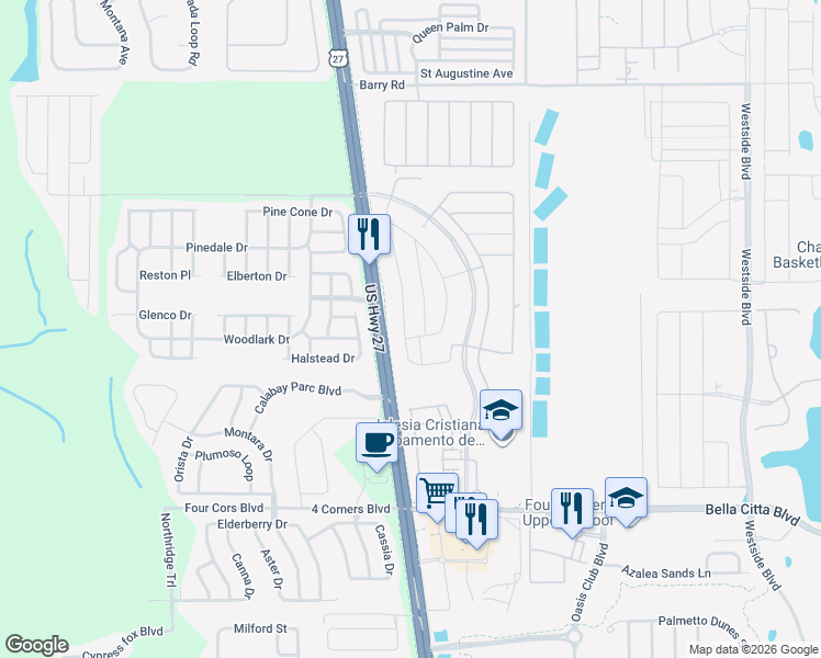 map of restaurants, bars, coffee shops, grocery stores, and more near 3050 Bella Vista Drive in Davenport
