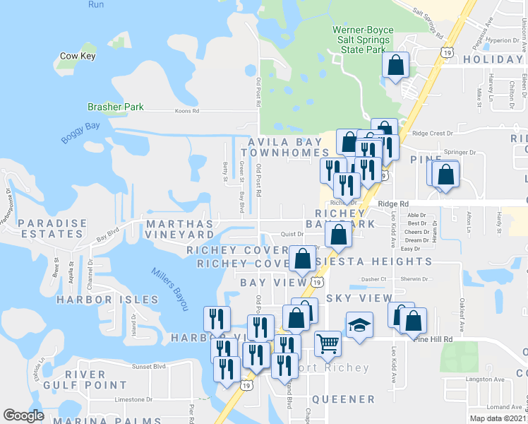map of restaurants, bars, coffee shops, grocery stores, and more near 5506 Bay Boulevard in Port Richey