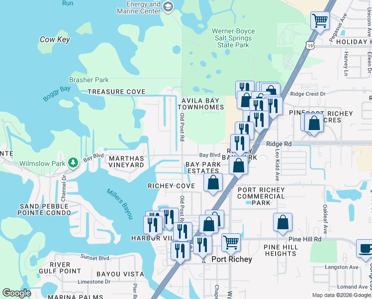 map of restaurants, bars, coffee shops, grocery stores, and more near 8440 Old Post Road in Port Richey
