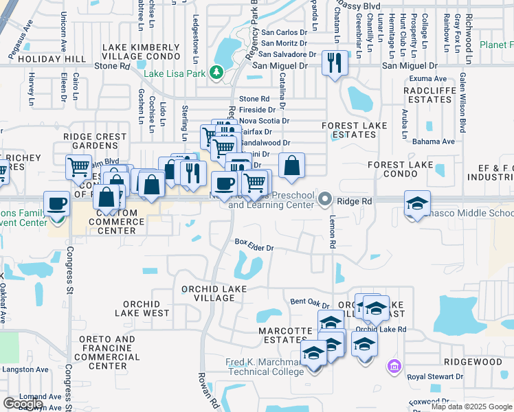 map of restaurants, bars, coffee shops, grocery stores, and more near 7220 Dogleg Court in Port Richey