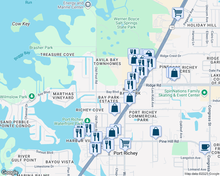 map of restaurants, bars, coffee shops, grocery stores, and more near 5602 Bay Boulevard in Port Richey