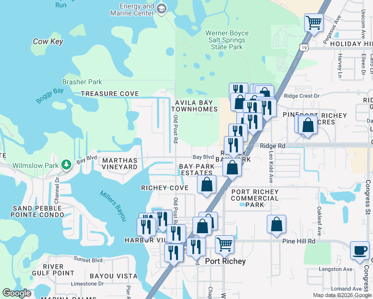 map of restaurants, bars, coffee shops, grocery stores, and more near 5506 Bay Boulevard in Port Richey