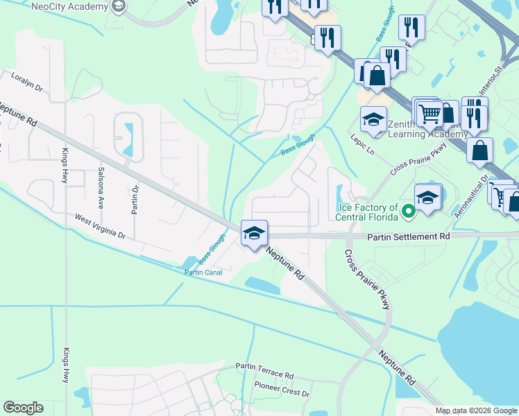 map of restaurants, bars, coffee shops, grocery stores, and more near 2046 Bearing Lane in Kissimmee