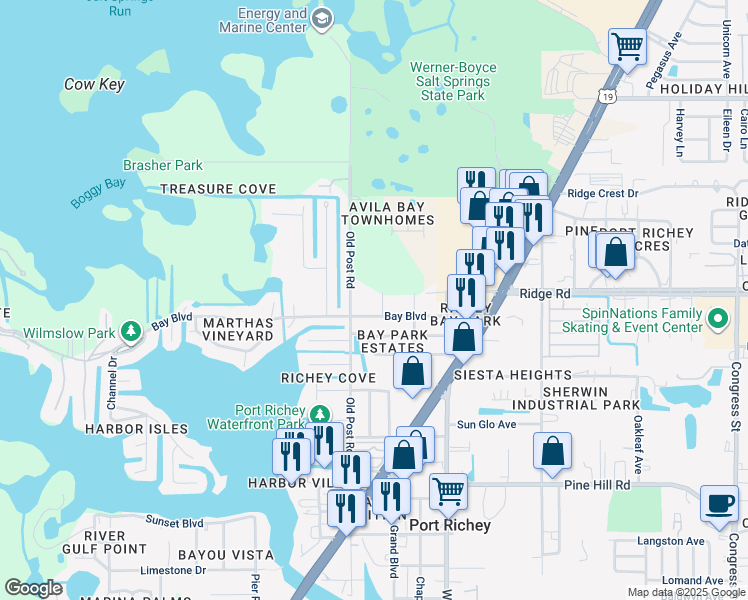 map of restaurants, bars, coffee shops, grocery stores, and more near 5506 Bay Boulevard in Port Richey