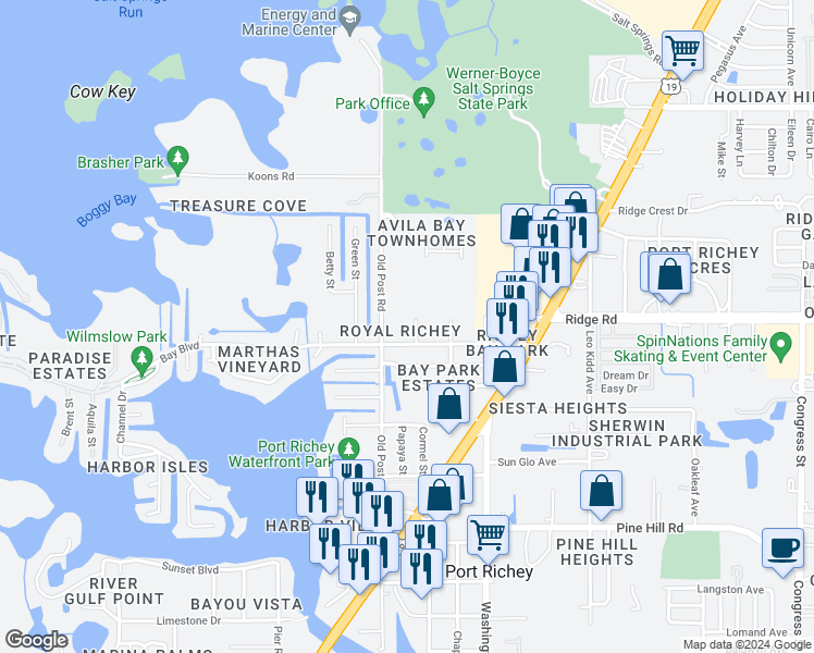 map of restaurants, bars, coffee shops, grocery stores, and more near 5506 Bay Boulevard in Port Richey