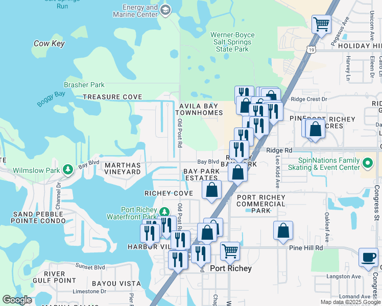 map of restaurants, bars, coffee shops, grocery stores, and more near 5541 Bay Boulevard in Port Richey