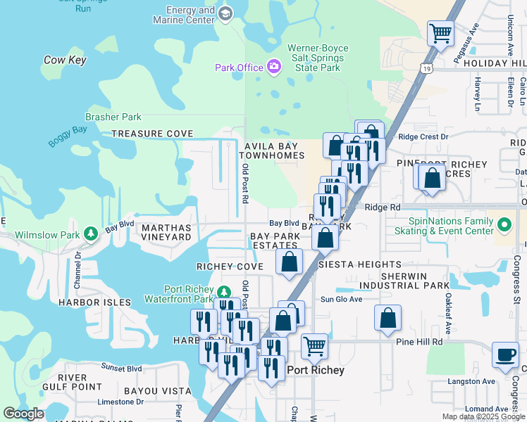 map of restaurants, bars, coffee shops, grocery stores, and more near 5541 Bay Boulevard in Port Richey