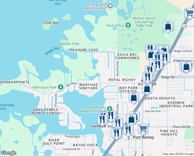 map of restaurants, bars, coffee shops, grocery stores, and more near 8451 Damen Lane in Port Richey