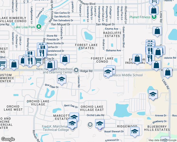 map of restaurants, bars, coffee shops, grocery stores, and more near 7702 Ridge Road in Port Richey