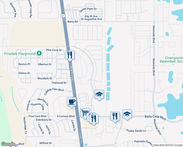 map of restaurants, bars, coffee shops, grocery stores, and more near 2616 Bella Vista Drive in Davenport