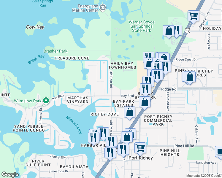 map of restaurants, bars, coffee shops, grocery stores, and more near 8503 Old Post Road in Port Richey
