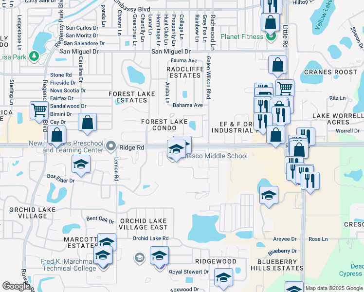 map of restaurants, bars, coffee shops, grocery stores, and more near 7702 Ridge Road in Port Richey
