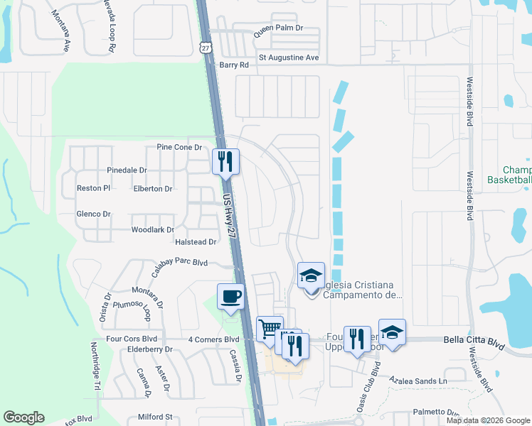 map of restaurants, bars, coffee shops, grocery stores, and more near 2568 Bella Vista Drive in Davenport