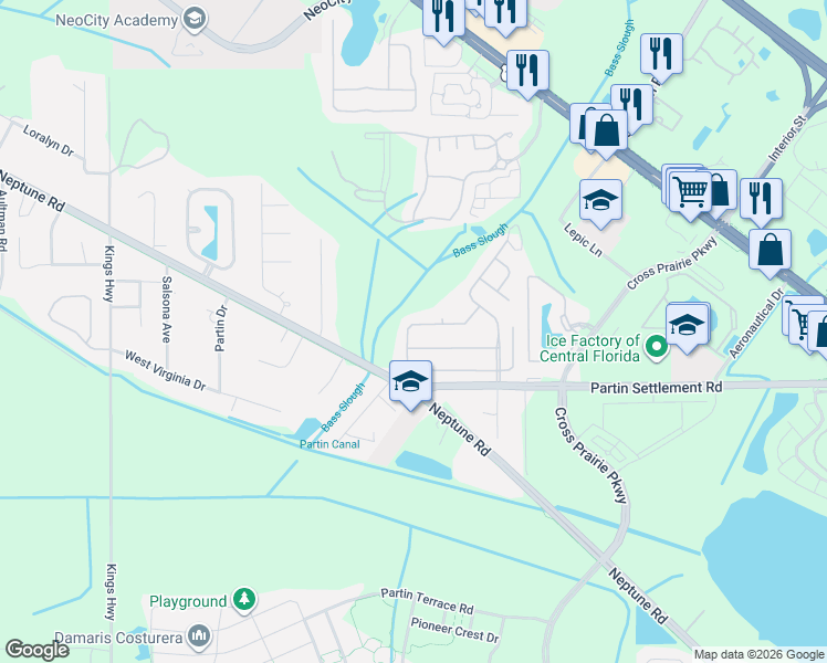 map of restaurants, bars, coffee shops, grocery stores, and more near 2021 Bearing Lane in Kissimmee