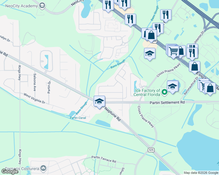 map of restaurants, bars, coffee shops, grocery stores, and more near 2012 Bearing Lane in Kissimmee