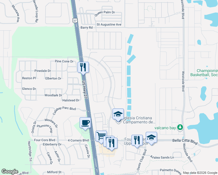 map of restaurants, bars, coffee shops, grocery stores, and more near 2598 Bella Vista Drive in Davenport