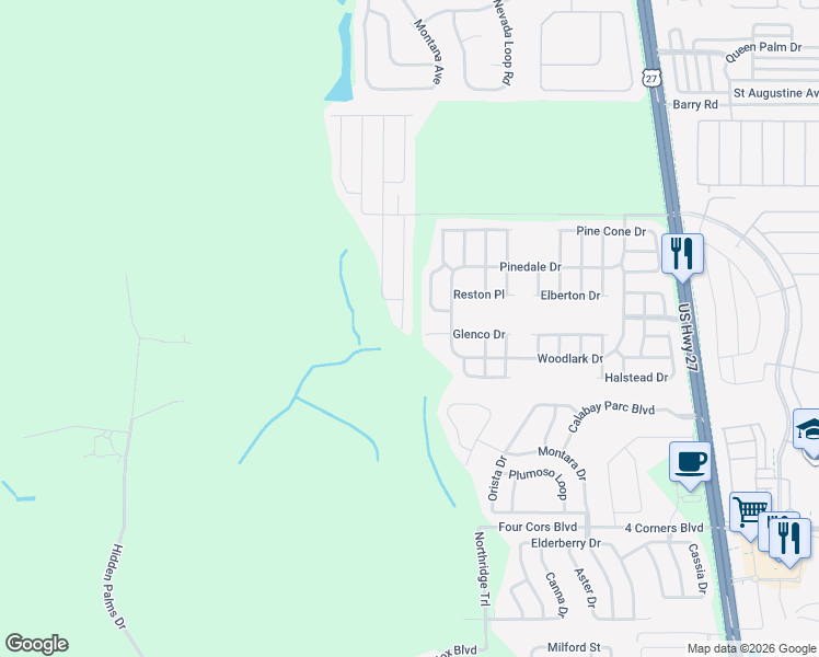 map of restaurants, bars, coffee shops, grocery stores, and more near 198 Lazy Willow Drive in Davenport