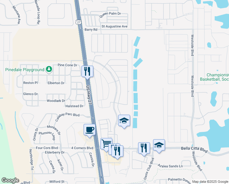 map of restaurants, bars, coffee shops, grocery stores, and more near 2592 Bella Vista Drive in Davenport