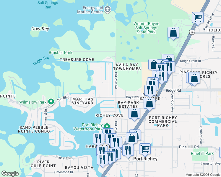 map of restaurants, bars, coffee shops, grocery stores, and more near 8531 Green Street in Port Richey