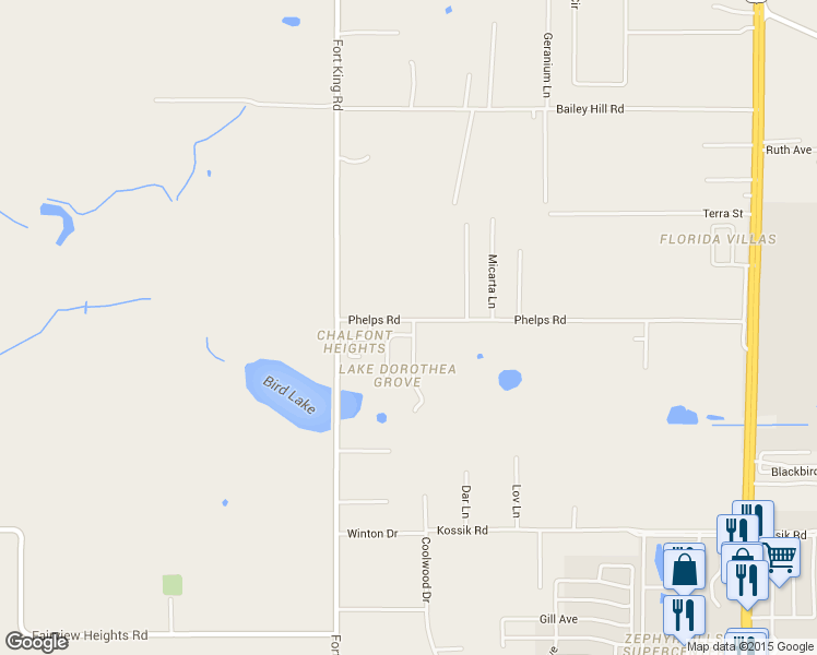 map of restaurants, bars, coffee shops, grocery stores, and more near 8445 Angela Court in Zephyrhills